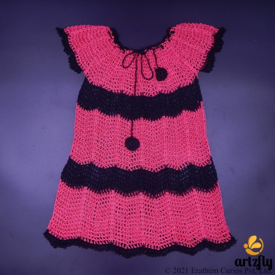 Red and Black Crochet Silk Thread Cap Frock