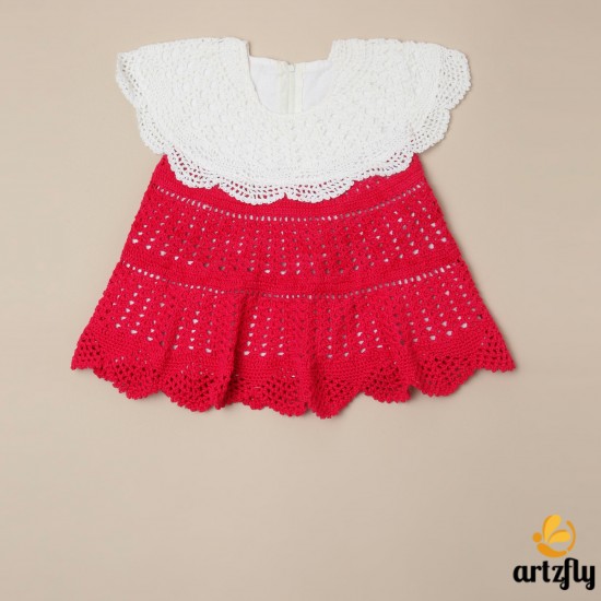 Pink Crochet Cotton Flared Cap Frock Dress