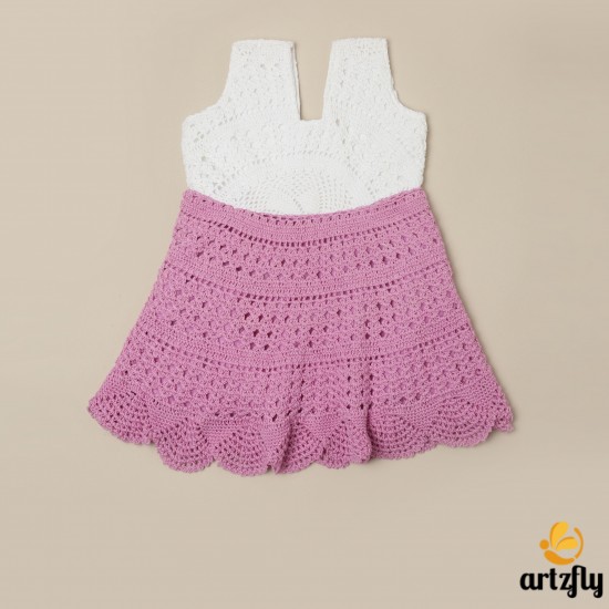 Cotton Crochet Sleeveless White and Pink 19 Inches Frock