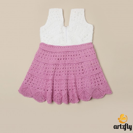 Cotton Crochet Sleeveless White and Pink 21 Inches Frock