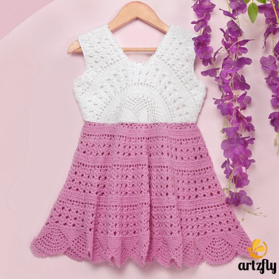 Cotton Crochet Sleeveless White and Pink 22 Inches Frock