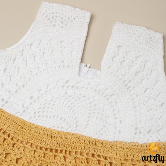 Cotton Crochet Sleeveless White and Yellow 19 Inches Frock