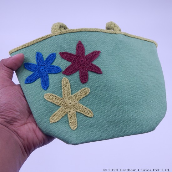 Green Hand bag with Top Handle and Knitted Flowers