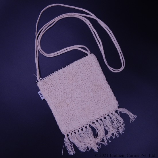 Cotton Crochet Sling Bag With Fringes