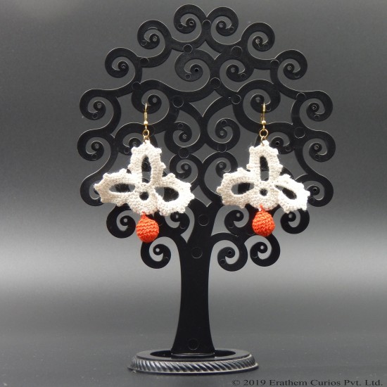Cotton Crochet White and Orange Lightweight Drop Earring