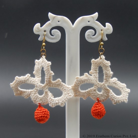 Cotton Crochet White and Orange Lightweight Drop Earring