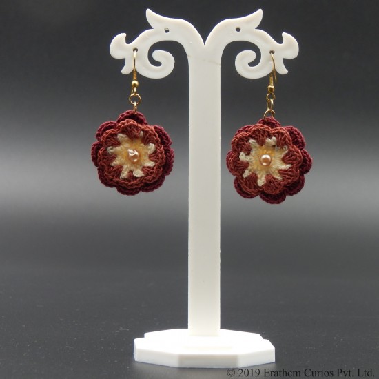 Crochet Brown Cotton Lightweight Floral Drop Earring