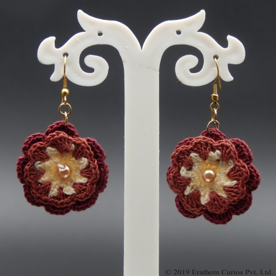 Crochet Brown Cotton Lightweight Floral Drop Earring