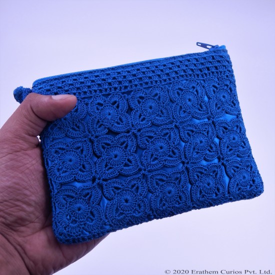 Crochet Cotton Blue Wallet With Zipper