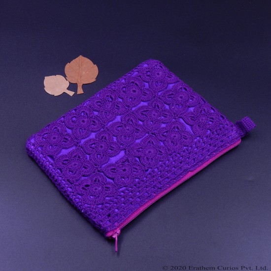 Crochet Cotton Violet Wallet With Zipper and Silk Lining