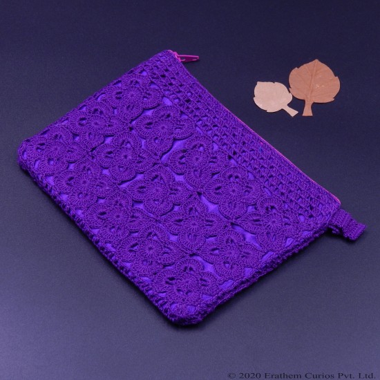 Crochet Cotton Violet Wallet With Zipper and Silk Lining
