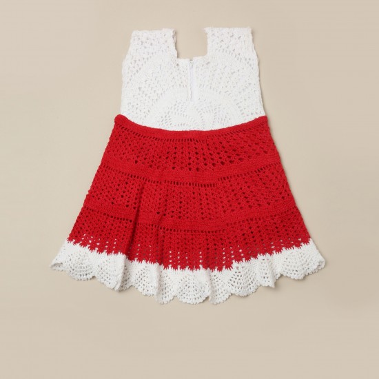 Cotton Crochet Sleeveless White and Red Frock