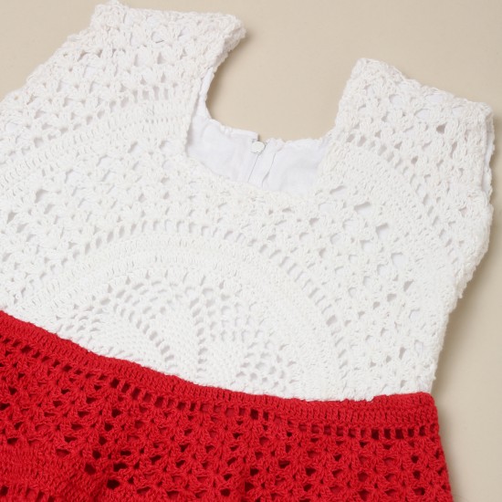Cotton Crochet Sleeveless White and Red Frock
