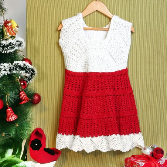 Cotton Crochet Sleeveless White and Red Frock