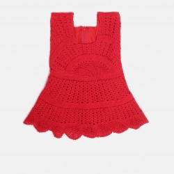 Cotton Crochet Sleeveless Red Frock 21 Inches
