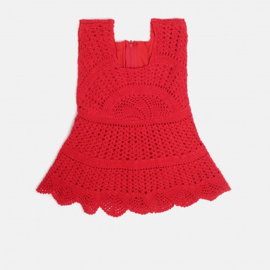 Cotton Crochet Sleeveless Red Frock