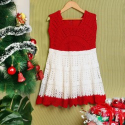 Cotton Crochet Sleeveless Red and White Frock 21 Inches