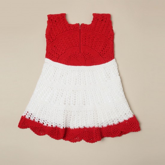 Cotton Crochet Sleeveless Red and White Frock