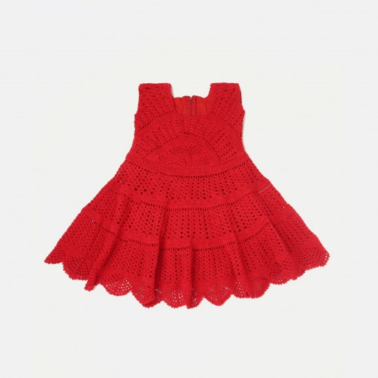 Cotton Crochet Sleeveless Red Frock