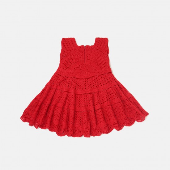 Cotton Crochet Sleeveless Red Frock