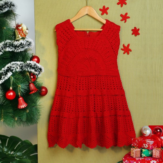 Cotton Crochet Sleeveless Red Frock