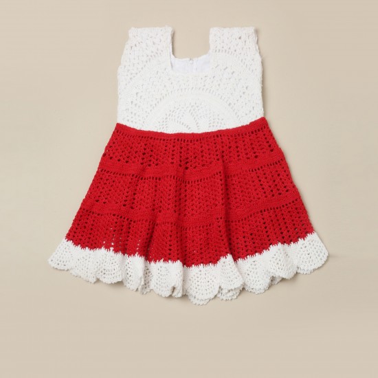 Cotton Crochet Sleeveless White and Red Frock