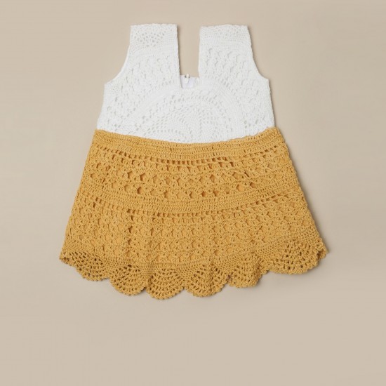 Cotton Crochet Sleeveless White and Yellow 19 Inches Frock