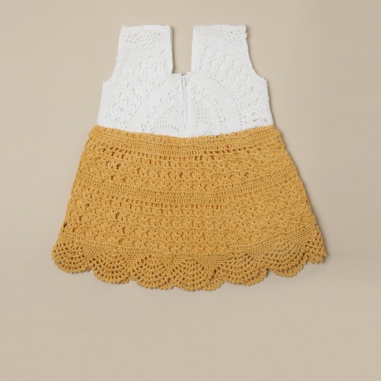 Cotton Crochet Sleeveless White and Yellow 19 Inches Frock