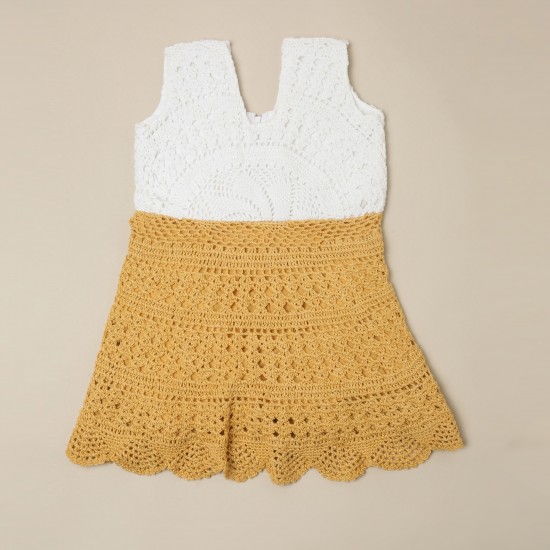 Cotton Crochet Sleeveless White and Yellow 21 Inches Frock