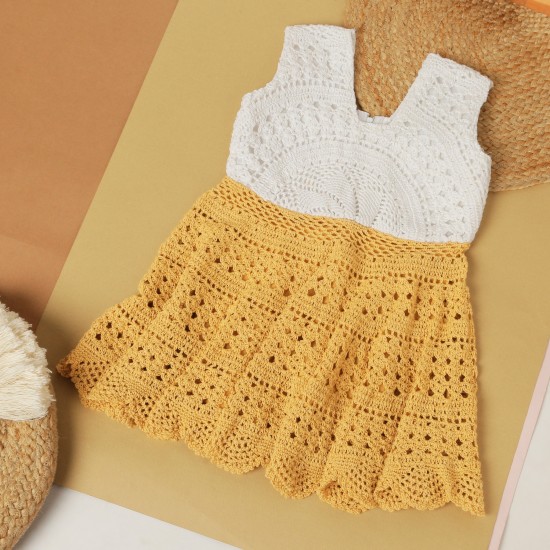 Cotton Crochet Sleeveless White and Yellow 21 Inches Frock