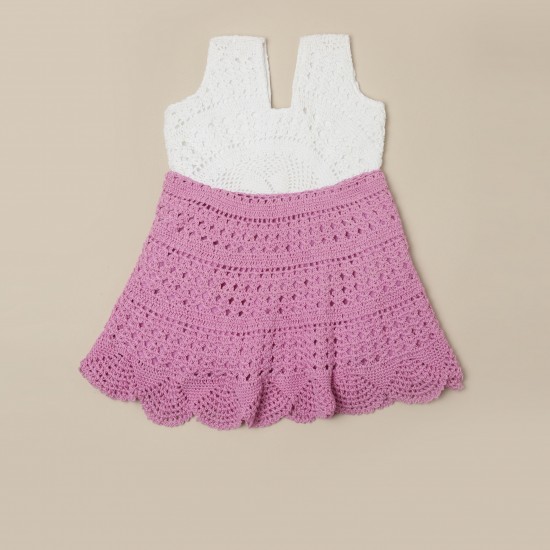 Cotton Crochet Sleeveless White and Pink 22 Inches Frock