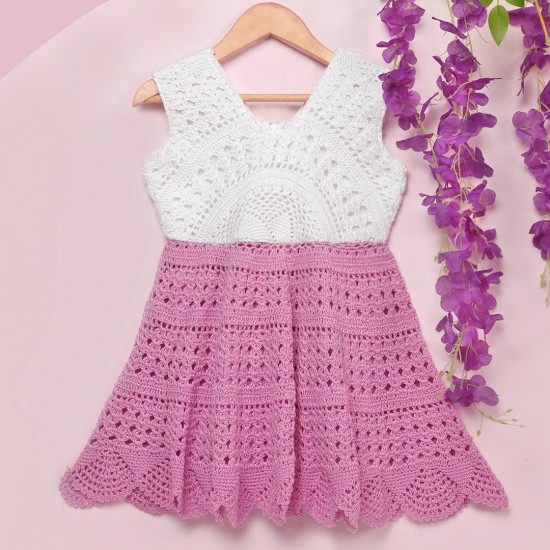 Cotton Crochet Sleeveless White and Pink 22 Inches Frock