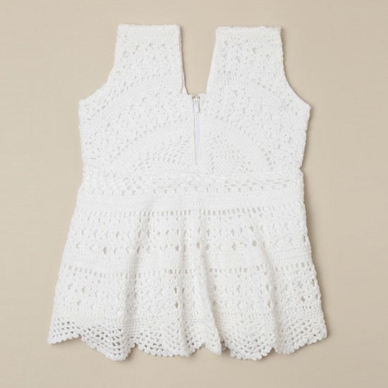 Cotton Crochet Sleeveless White 16 Inches Frock