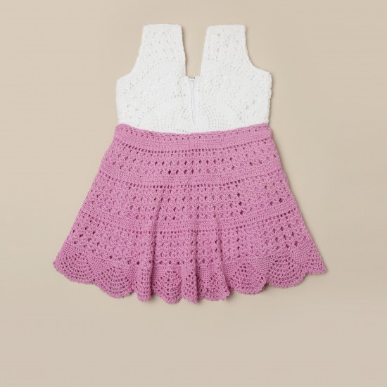 Cotton Crochet Sleeveless White and Pink Frock 16 Inches