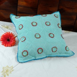 Cushion Cover Granny Square with Motif Flower-17"x17"/Turquoise Blue