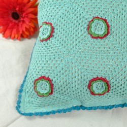 Cushion Cover Granny Square with Motif Flower-17"x17"/Turquoise Blue