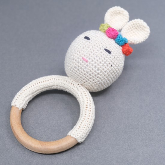 Cotton Crochet Rabbit Wooden Ring Rattle Soft Toy